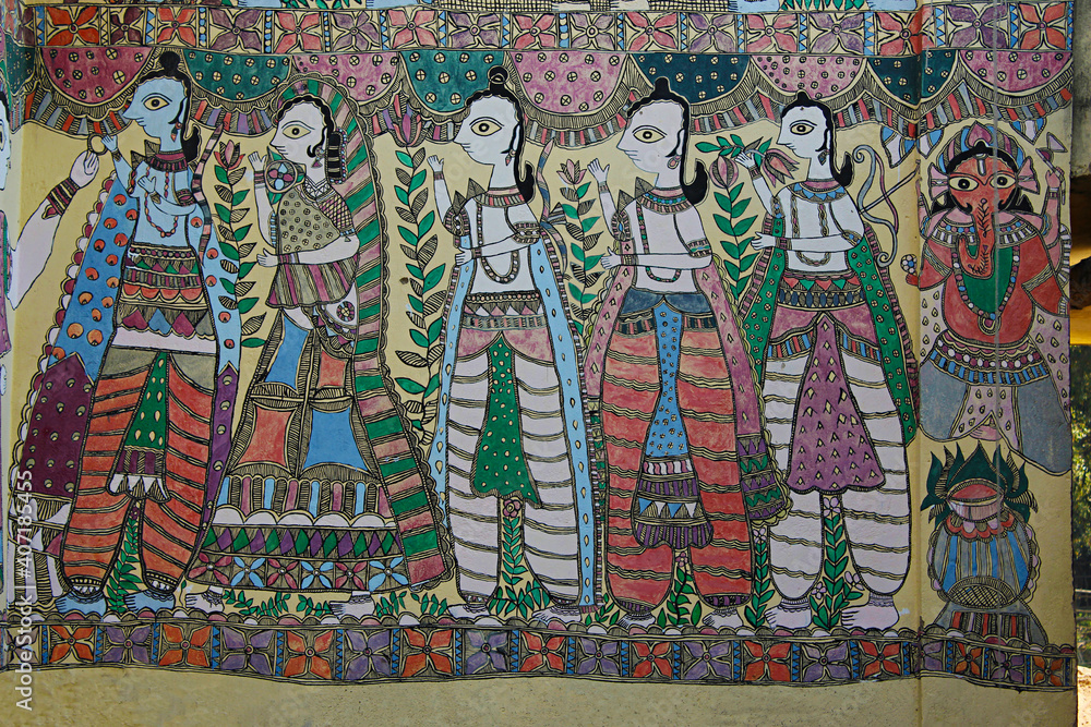 Obraz premium Madhubani painting on wall. Madhubani, Bihar, India