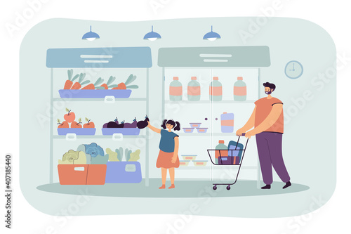 Happy father and daughter buying food in supermarket flat vector illustration. Cartoon dad wheeling shopping cart. Girl taking vegetable from aisle. Grocery store and parenthood concept