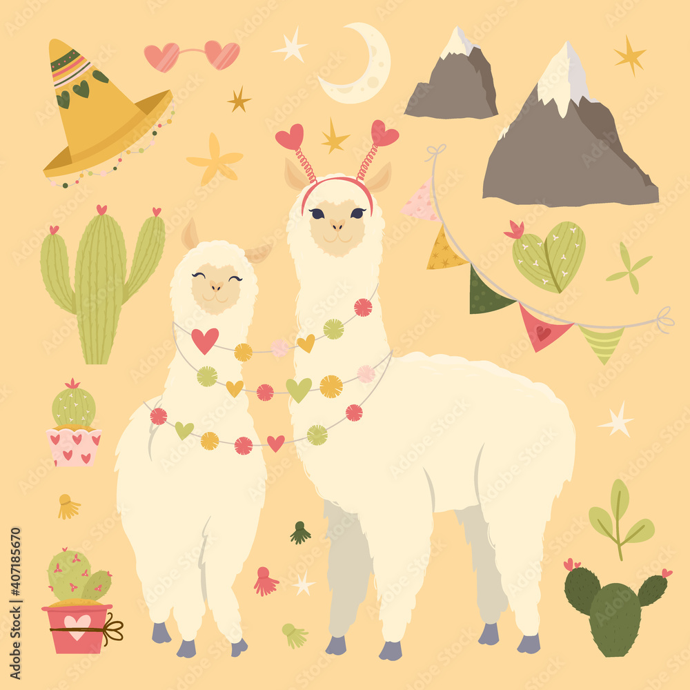 Naklejka premium Valentine's day flat illustration. Be my llamantine card for with cute llama alpaca and hearts. Greeting card or invitation in trendy style.Vector illustration