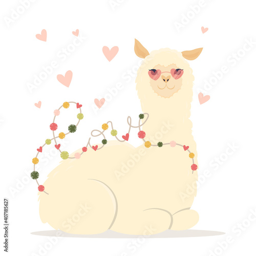 Valentine's day flat illustration. Be my llamantine card for with cute llama alpaca and hearts. Greeting card or invitation in trendy style.Vector illustration photo