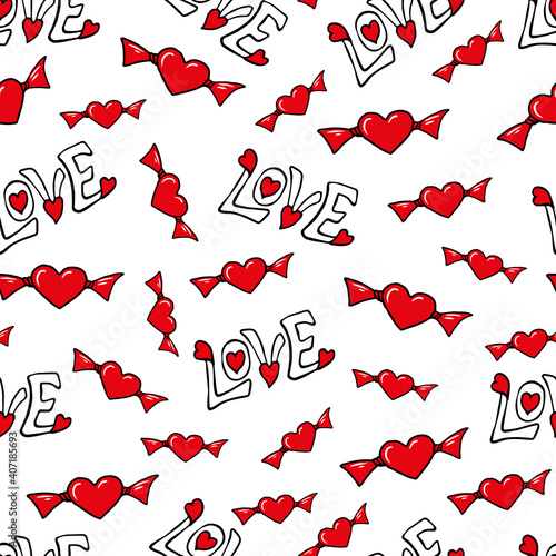 Seamless vector pattern with color candy-hearts and sign Love on the white background