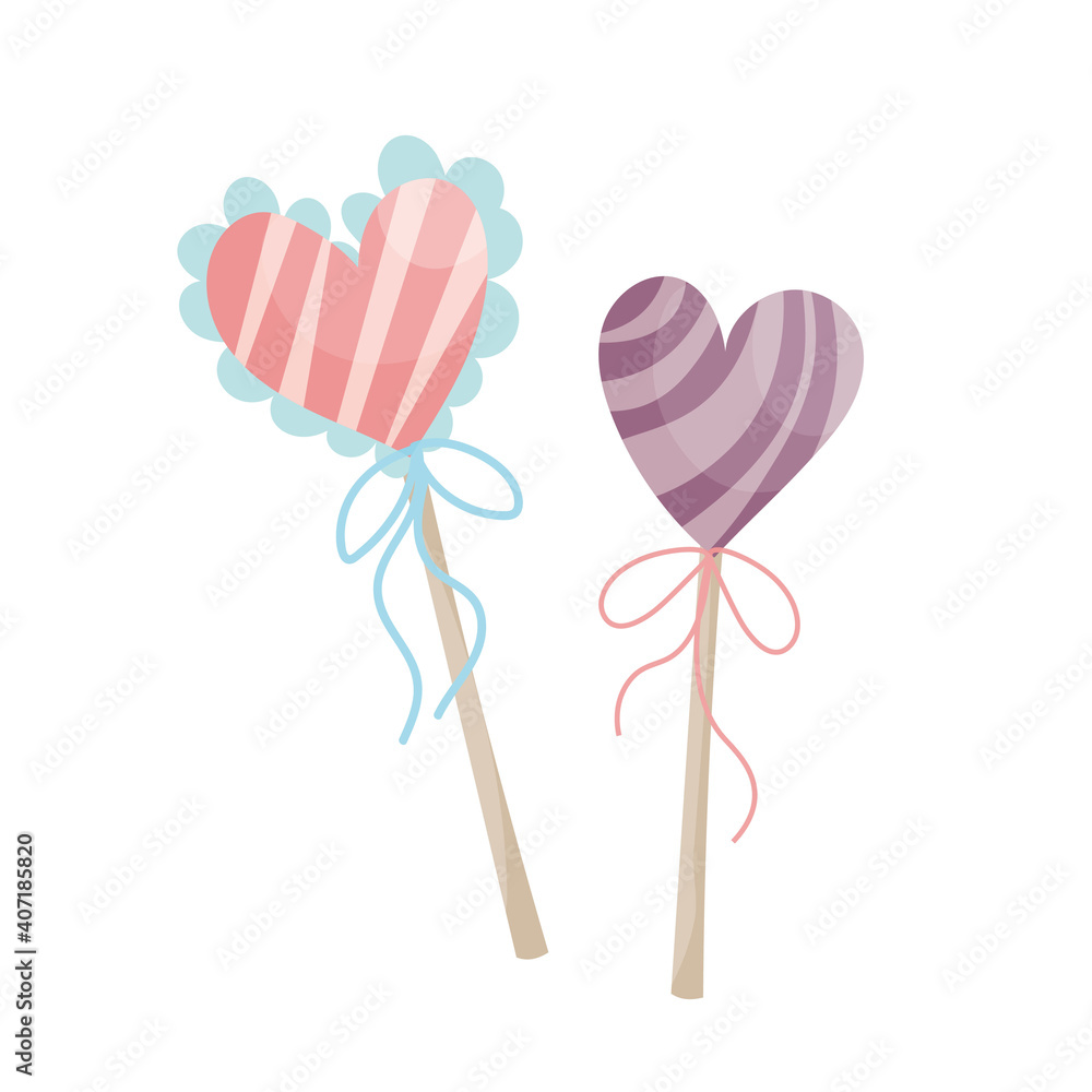 Fototapeta premium heart shaped lollipops. vector illustration for valentine's day sticker heart on stick with bow
