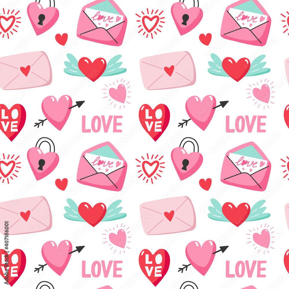 Seamless pattern for Valentine's Day with heart and other elements on a white background. Valentine's day, wedding and love concept. Vector