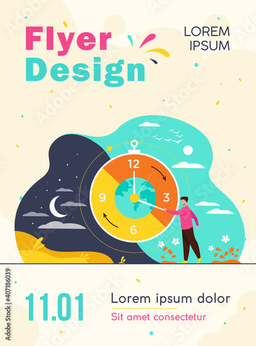 Man moving clock arrows and managing time. Planet, night and day in background. Vector illustration for circadian rhythms, daily routine, morning and evening change, planet movement concept