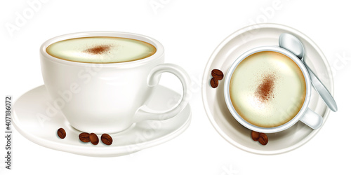 Realistic Coffee with air froth top and side view. Realistic view of coffee with necessary accessories isolated on white background. Vector illustration
