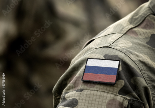 Flag of Russia on military uniform. Army, troops, soldiers. Collage. photo