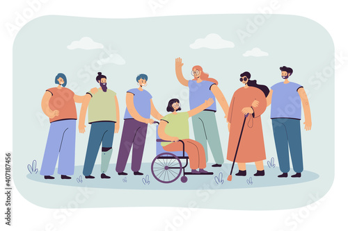 Smiling volunteers helping disabled people isolated flat vector illustration. Cartoon character giving support for handicapped men and women. Volunteering, assistance and disability concept