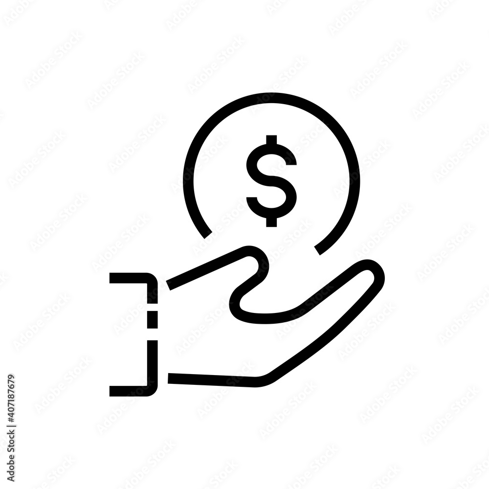 Coin on hand Vector line icon Editable stroke. Hand with coin simple icon isolated Coin on hand Vector line icon Editable stroke. Hand with coin simple icon isolated