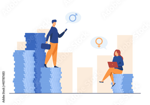 Earnings gender discrimination. Man and woman getting different salary. Flat vector illustration. Inequality, injustice, finance concept for banner, website design or landing web page