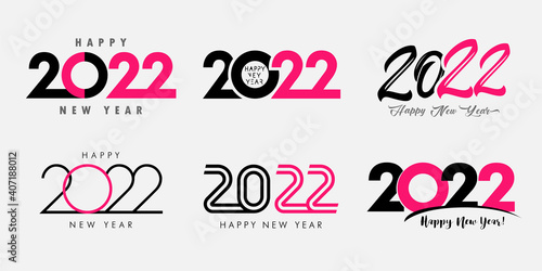 Big Set of 2022 Happy New Year gold colored logo text design. 20 & 22 number design template. Collection of 2022 Xmas symbols. Vector illustration with black labels isolated on white background