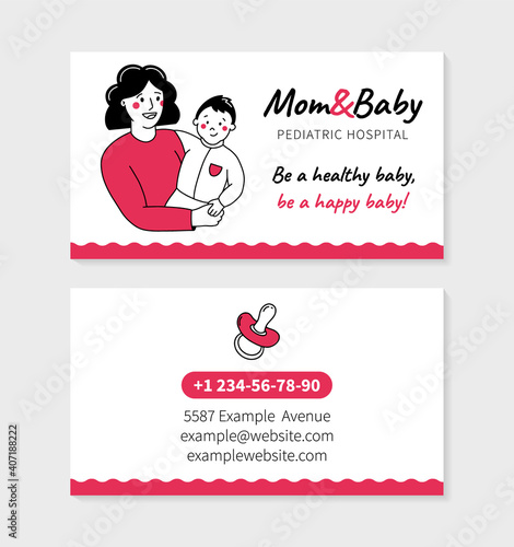 Pediatric clinic mom and baby visit card for printing in Doodle style, double-sided vector template