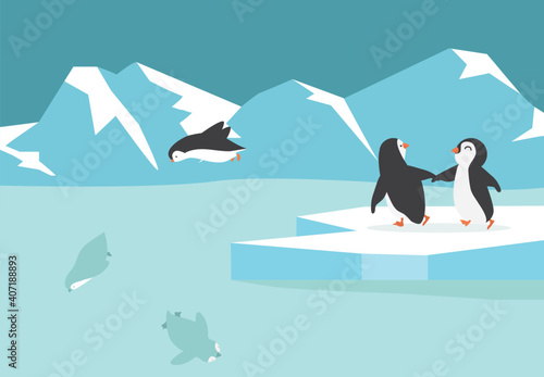 Winter North pole Arctic penguins group  background