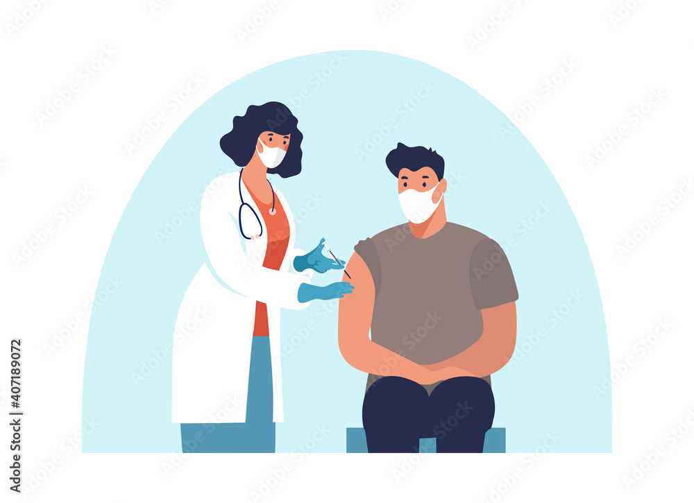 Doctor in a mask and gloves in a clinic makes a man a coronavirus vaccine, conceptual illustration of immunity. Adult immunization, covid vaccine. Flat illustration isolated on white background.