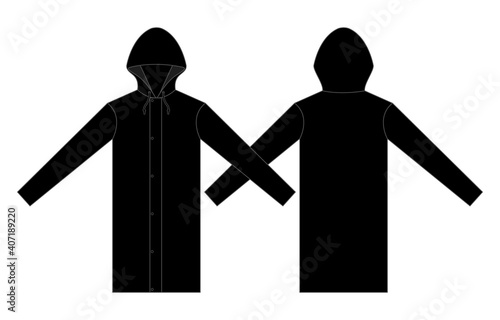 Blank Black Raincoat Suit For Template on White Background. Front and Back Views, Vector File.
