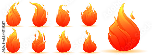 Fire flames are different shapes of color and surface of the flame. Cartoon bonfire isolated on white background. Vector illustratio