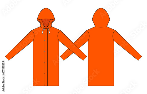 Blank Orange Raincoat Suit For Template on White Background. Front and Back Views, Vector File.