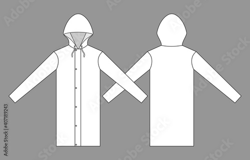 Blank White Raincoat Suit For Template on Gray Background. Front and Back Views, Vector File