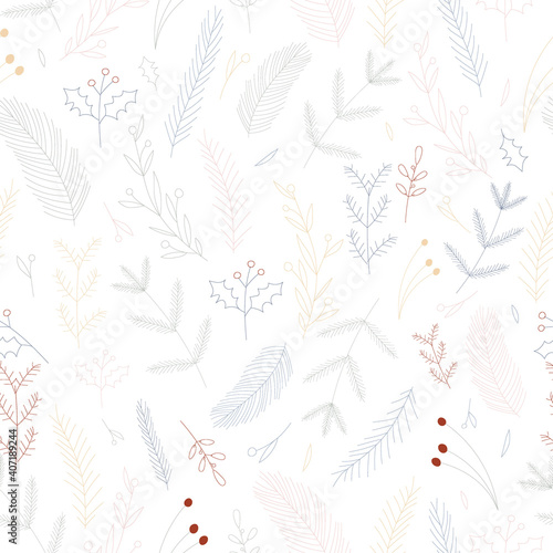 Abstract seamless pattern with leaves. Winter atmosphere. Cute kids nursery seamless pattern repeat. Design in boho style for printing on textile or paper. Scandinavian print. 