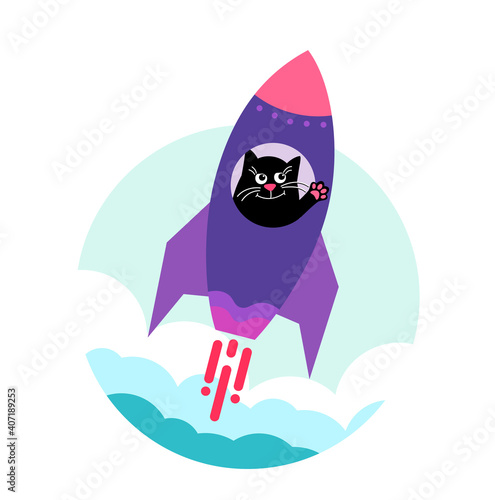 Space cat. happy cute cat takes off on a space rocket up. Flat design style. Cute cartoon character. Vector illustration Isolated on white background.
