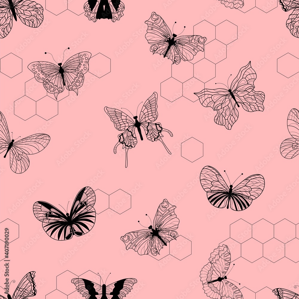 Butterfly pattern. Pink background. Vector illustration. ornament seamless