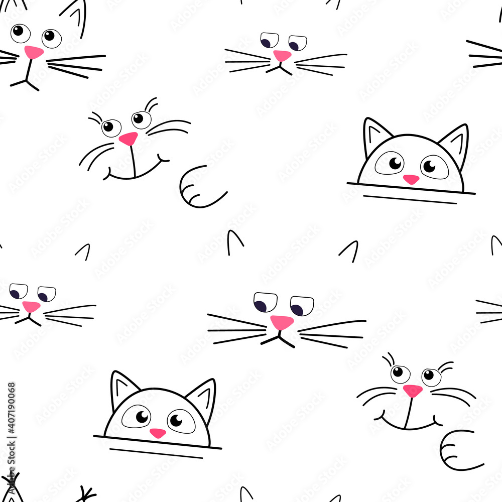 Cute kitty muzzle pattern. Seamless pattern on white background. Use for background or printing on fabric. Vector cartoon Illustration.