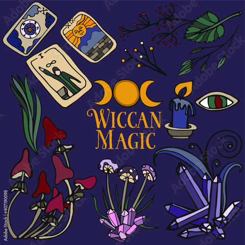 The illustration shows the attributes of magic, crystals,herbs, tarot cards.