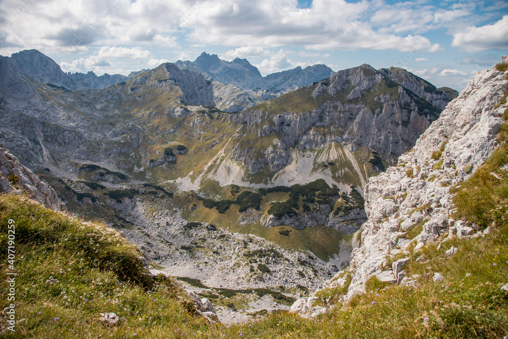 Obraz premium Rocky mountain scenery. Panorama of beautiful mountains from a height, Montenegro.