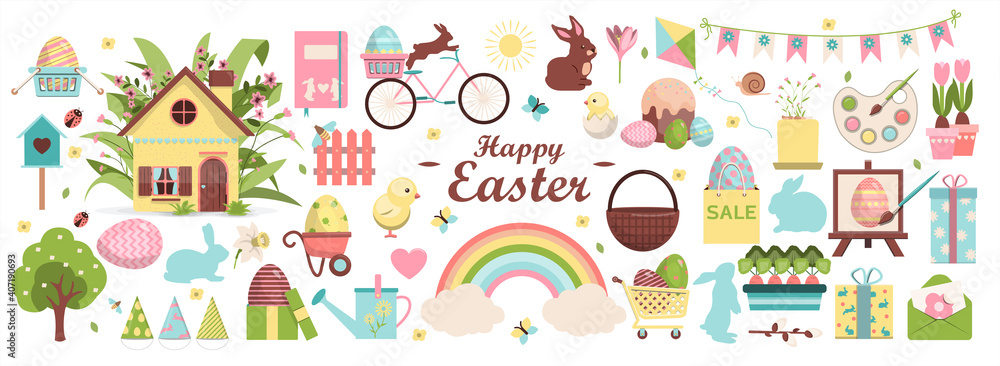 Large vector Easter set. Flat design featuring hares, butterflies, painted eggs, cake, chicken, rabbit, bicycle, chicken, basket, gift, garland, flowers and rainbows. Template for a postcard