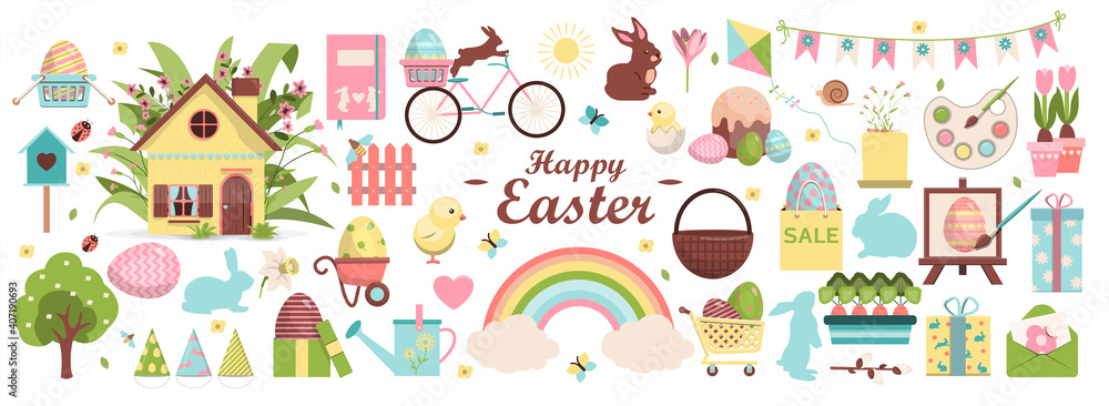 Large vector Easter set. Flat design featuring hares, butterflies, painted eggs, cake, chicken, rabbit, bicycle, chicken, basket, gift, garland, flowers and rainbows. Template for a postcard Large vector Easter set. Flat design featuring hares, butterflies, painted eggs, cake, chicken, rabbit, bicycle, chicken, basket, gift, garland, flowers and rainbows. Template for a postcard