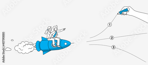Which way? Young couple flying on the rocket making a decision. Modern illustration in linear style.