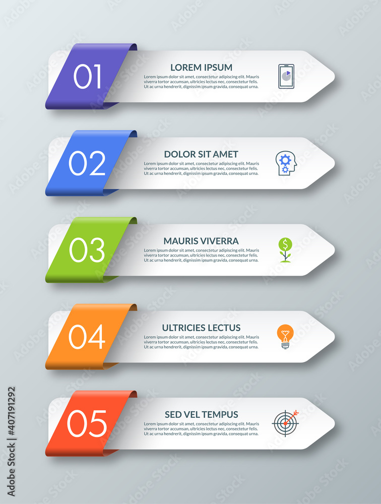 Arrow infographic template with 5 steps, options, parts, elements. Origami style. Vector banner. Can be used for workflow layout, brochure, diagram, chart, web design. Arrow infographic template with 5 steps, options, parts, elements. Origami style. Vector banner. Can be used for workflow layout, brochure, diagram, chart, web design.