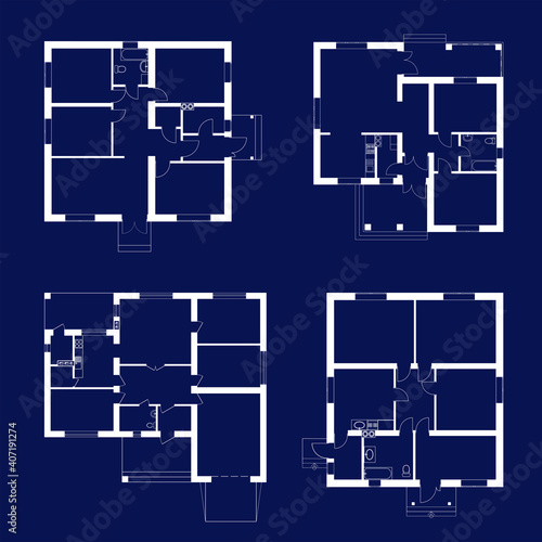 Set of floor plans blueprints. Vector unfurnished ground floor plans for your design. Suburban houses icons collection.