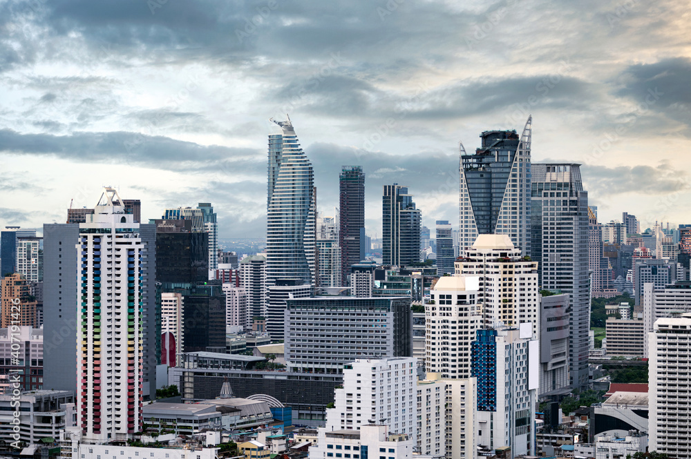 Crowded city with high rise building in downtown at Bangkok