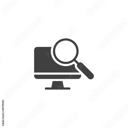Computer scan vector icon. filled flat sign for mobile concept and web design. PC monitor and magnifying glass glyph icon. Symbol, logo illustration. Vector graphics