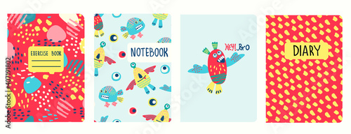 Cover page templates based on patterns with hand drawn funny monsters, fantasy shapes and Hey Bro lettering. Background for school notebooks, kids diaries, albums