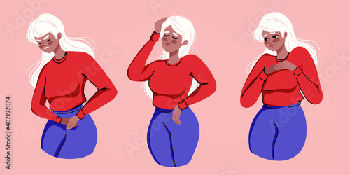 Unwell Woman suffering from stomachache, headache, chest pain. Girl having period, premenstrual syndrome, PMS. Painful face expression. Set of ill people. Flat vector illustration.