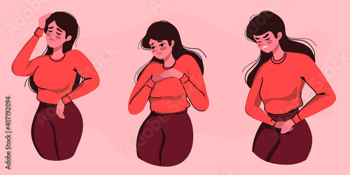Unwell Woman suffering from stomachache, headache, chest pain. Girl having period, premenstrual syndrome, PMS. Painful face expression. Set of ill people. Flat vector illustration.