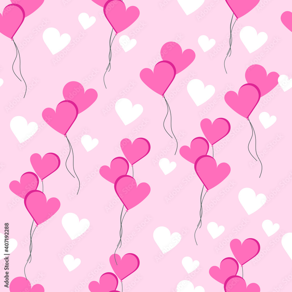 flat vector illustration of a pattern of balloons. cute balloons. pink balls in the form of a heart. balls and hearts on a pink background. valentine's day pattern