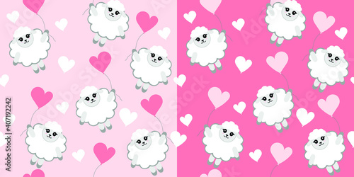 lat vector pattern of Little lamb with balloon. cute pattern with air bras for children s party  textiles and cards. pink background.