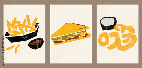 Vibrant vintage posters with delicious food. Fast food illustrations for interior design, cafes, menus, social networks, advertising. Minimalistic backgrounds with fries, sandwich, onion rings.