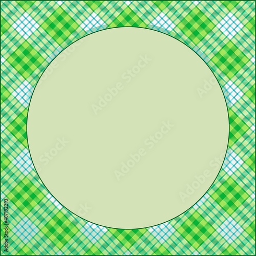 square card frame with round free space for photo, invitation, diploma, certificate with fabric texture border saint patrick's day colors bright green on white gingham, tartan ornament