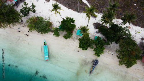 Aerial view of top down picture of colorful wooden boats. Boats at the pier. Lampung,