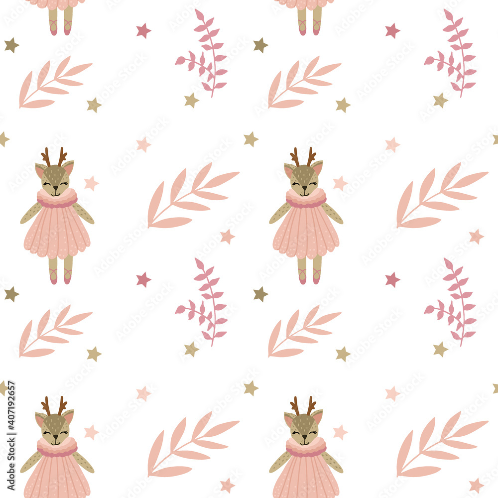 Fototapeta premium Seamless vector pattern with cute tilde deer and leaves, berries on a white background for printing on children's clothes, toys, decor