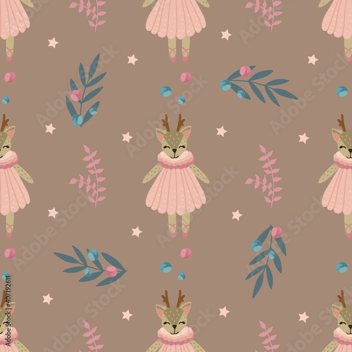 Seamless vector pattern with cute tilde deer and leaves, berries on a beige background for printing on children's clothes, toys, decor