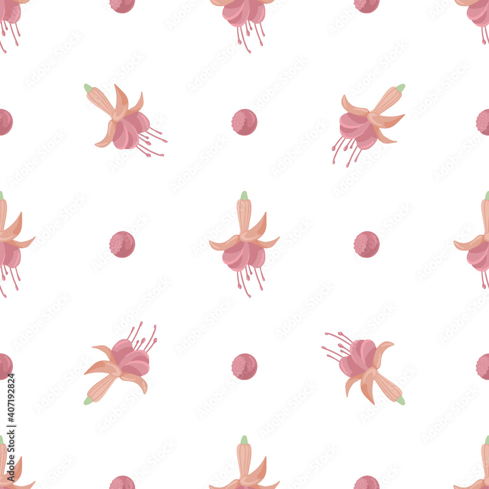 Seamless vector pattern with leaves and pink flowers on a white background for printing on children's clothes, toys, decor