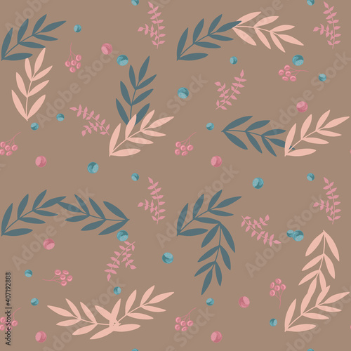 Seamless vector pattern with leaves and pink flowers  background for printing on children s clothes  toys  decor