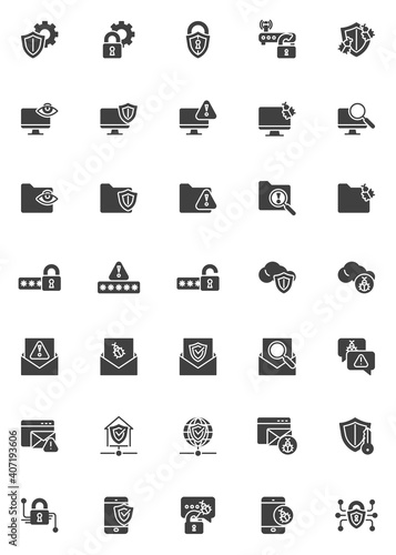 Cyber security vector icons set, modern solid symbol collection, filled style pictogram pack. Signs, logo illustration. Set includes icons as computer cyber attack, network security shield protection