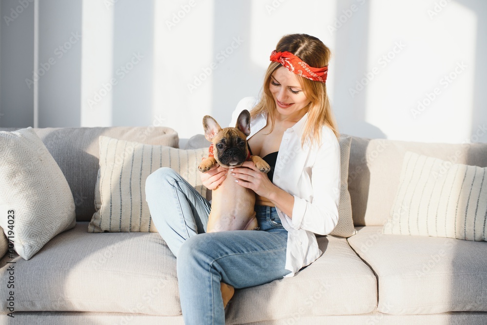 Cheerful young woman holding her big puppy with black nose and laughing. Indoor portrait of smiling girl posing with french bulldog