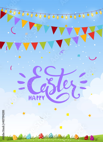 Happy easter. Beautiful Easter card with copy space, flyer, invitation, decorated eggs in the grass against the background of the natural sky with text. Cartoon flat vector illustration.