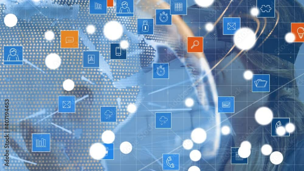 Animation of network of connections with icons over woman wearing virtual reality headset Animation of network of connections with icons over woman wearing virtual reality headset